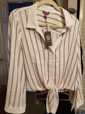 Vince Camuto Cream,Brown & Blue  Button-Front Striped Tie Hem Shirt 22"w X 20.5"